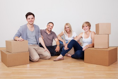 Packed office equipment and furniture ready for relocation