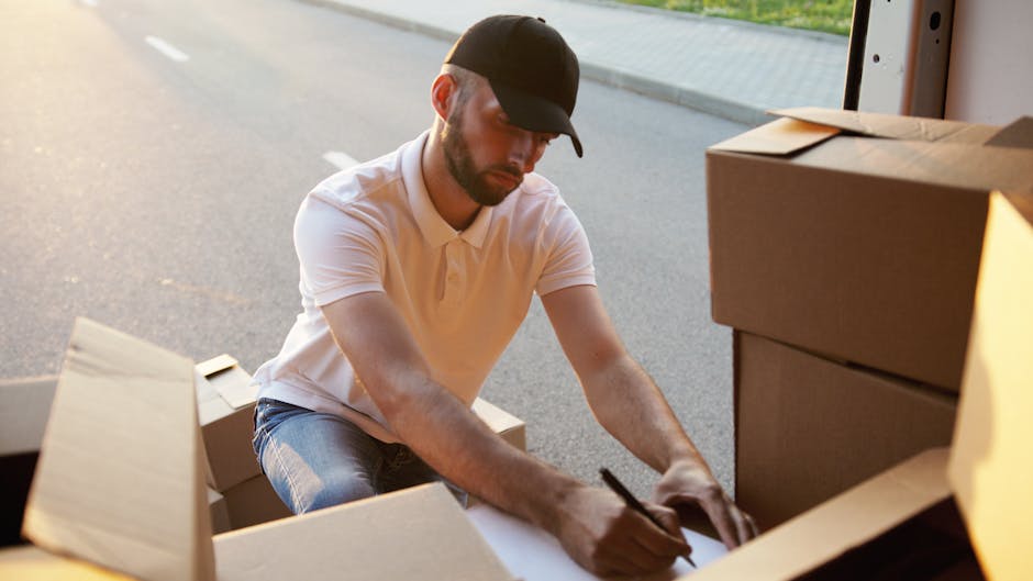 A man dressed in a white polo shirt and black cap, kneeling on the ground next to an open cardboard box, appears to be packing or writing on a piece of paper placed on the box. Several stacked cardboard boxes surround him, some sealed with packing tape, indicating preparation for a home relocation. The scene is set outside a property with an open garage or storage area, with natural daylight illuminating the workspace. In the background, a vehicle is partially visible, suggesting loading or unloading activity typical of furniture transport and packing processes during house removals. The man and van company, Man and Van Bexleyheath, is likely involved in this dismantling or packing stage of the moving logistics, demonstrating part of the loading process for a house removal service.